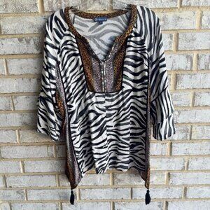 Democracy V Neck Bell 3/4 Sleeve Animal Print Boho Tunic Blouse Women's Size XL